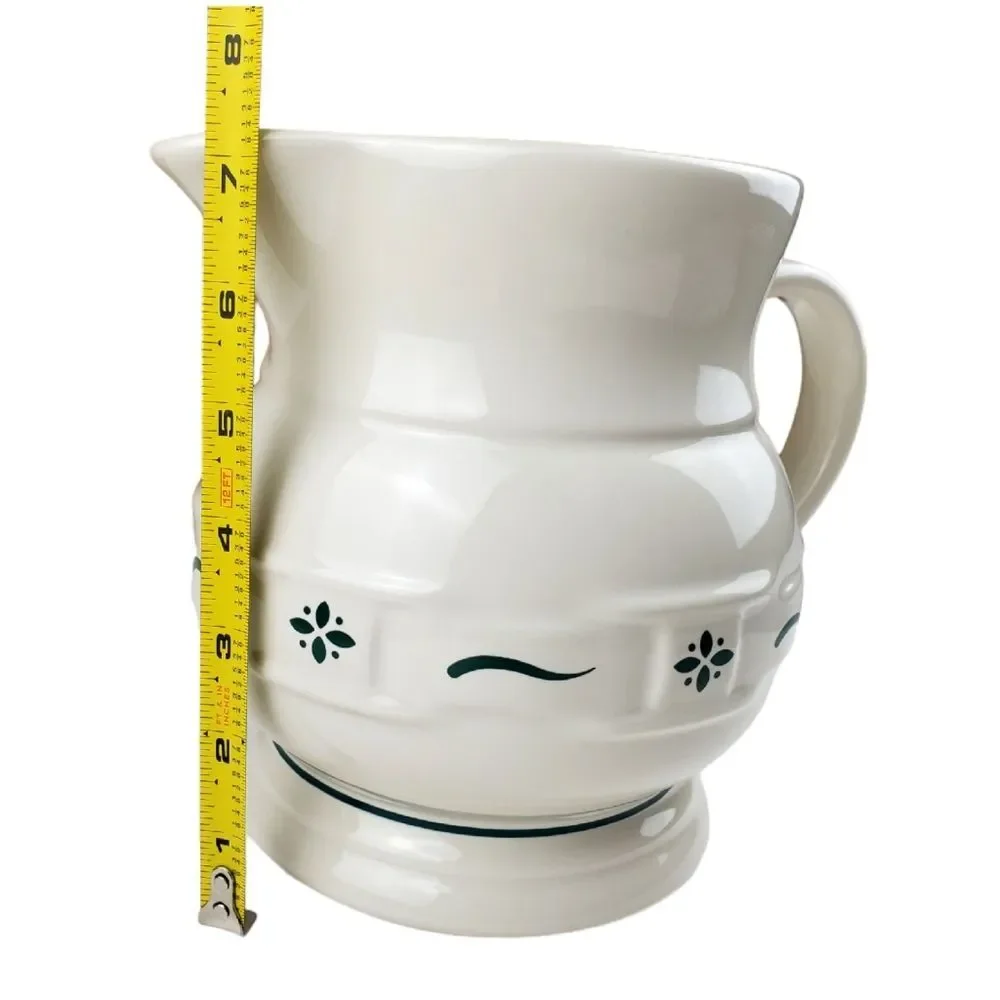 LONGABERGER Pottery Large Pitcher Ivory Green Woven Accent USA Farmhouse Decor